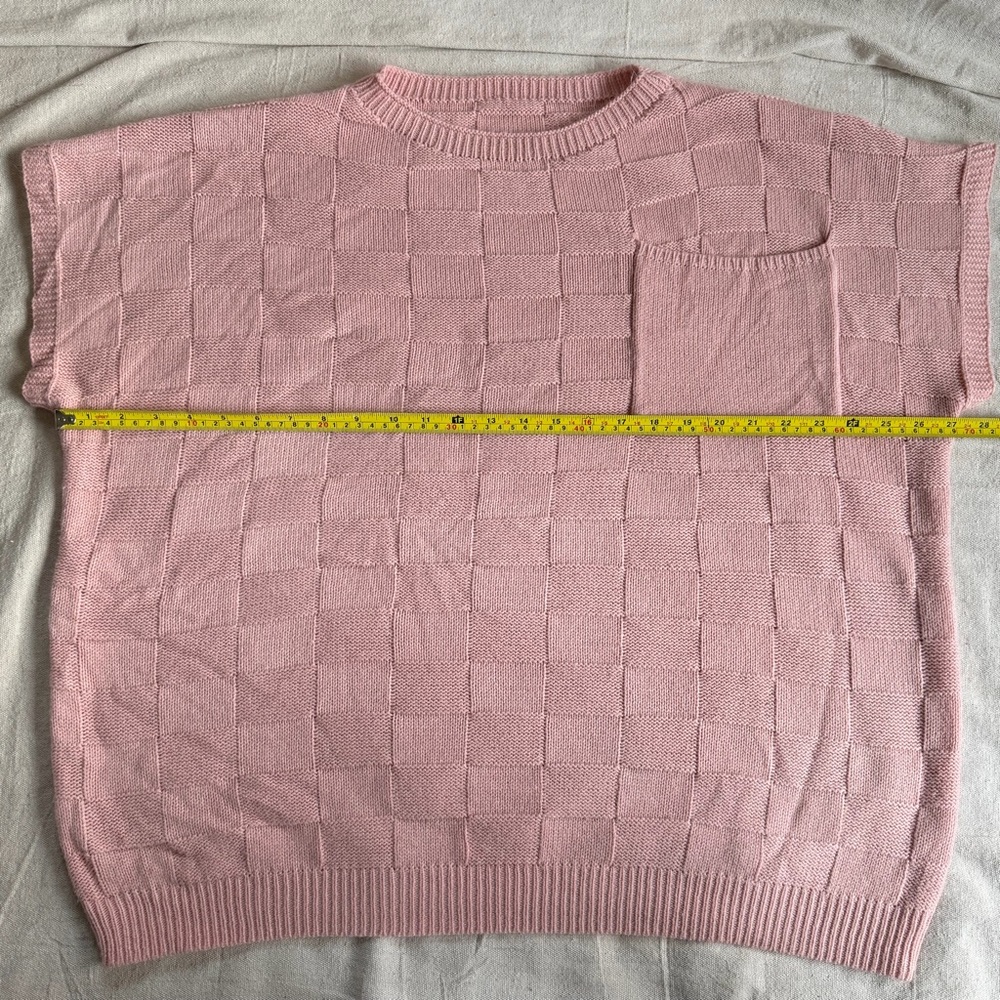 Pink 4XL Basket Weave Texture Checkerboard Knit Short Sleeve Boxy Sweater Boho - Picture 8 of 8